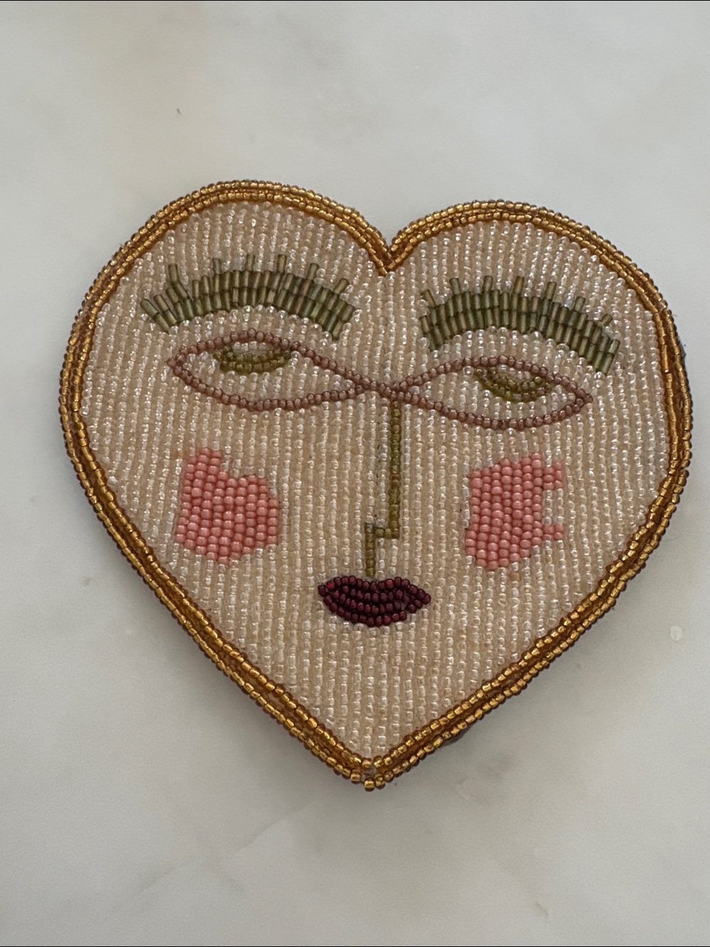 Anthropologie Beaded Heart Coaster- Pink Cheeks & Olive Backing